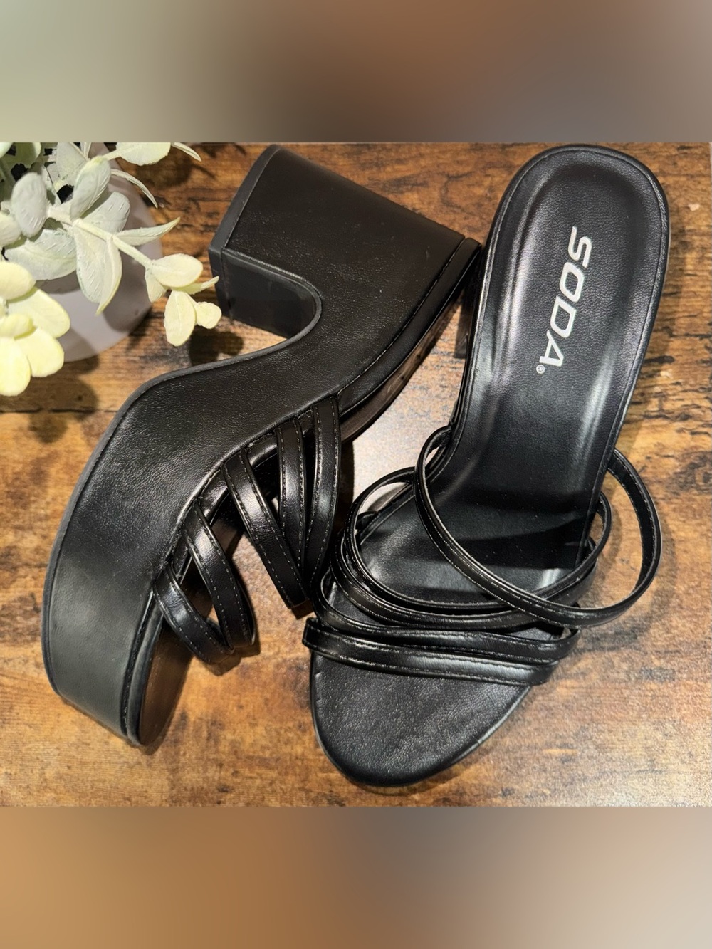 Soda Black Strappy Platform Block Heel Sandals